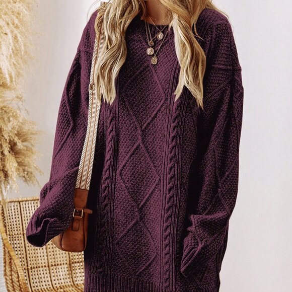 Burgundy Casual Women's Oversized Knitted Sweater Dress with Drop Shoulder - Picture 1 of 9